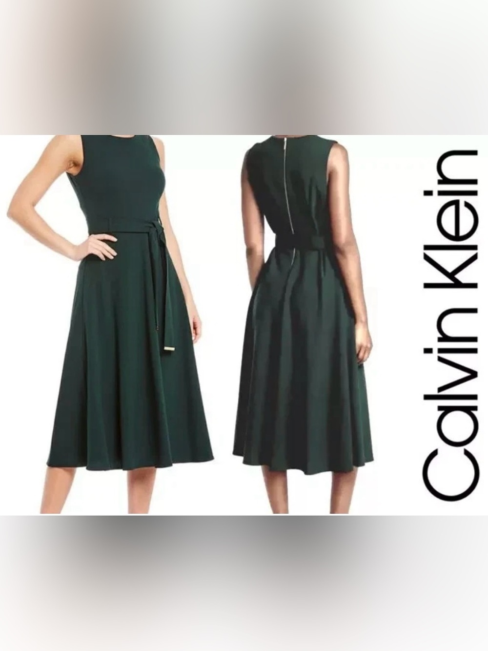 Calvin Klein Sleeveless Midi A-Line Dress Belted Exposed Back Zipper Size 8